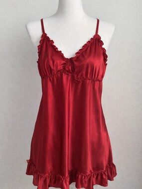 Cacique 18/20 Plus Size Red Satin Slip Chemise Ruffle Trim Silky Lingerie Style